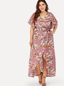 Plus Self Tie Waist Floral Print Dress