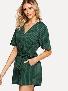 Self Tie Waist Striped Romper