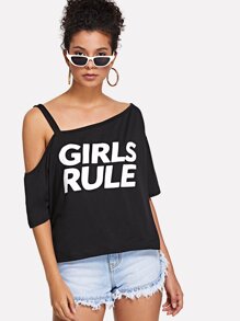 Cut Out Shoulder Slogan Print Tee