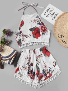 Tassel Trim Open Back Halter Top With Petal Shorts