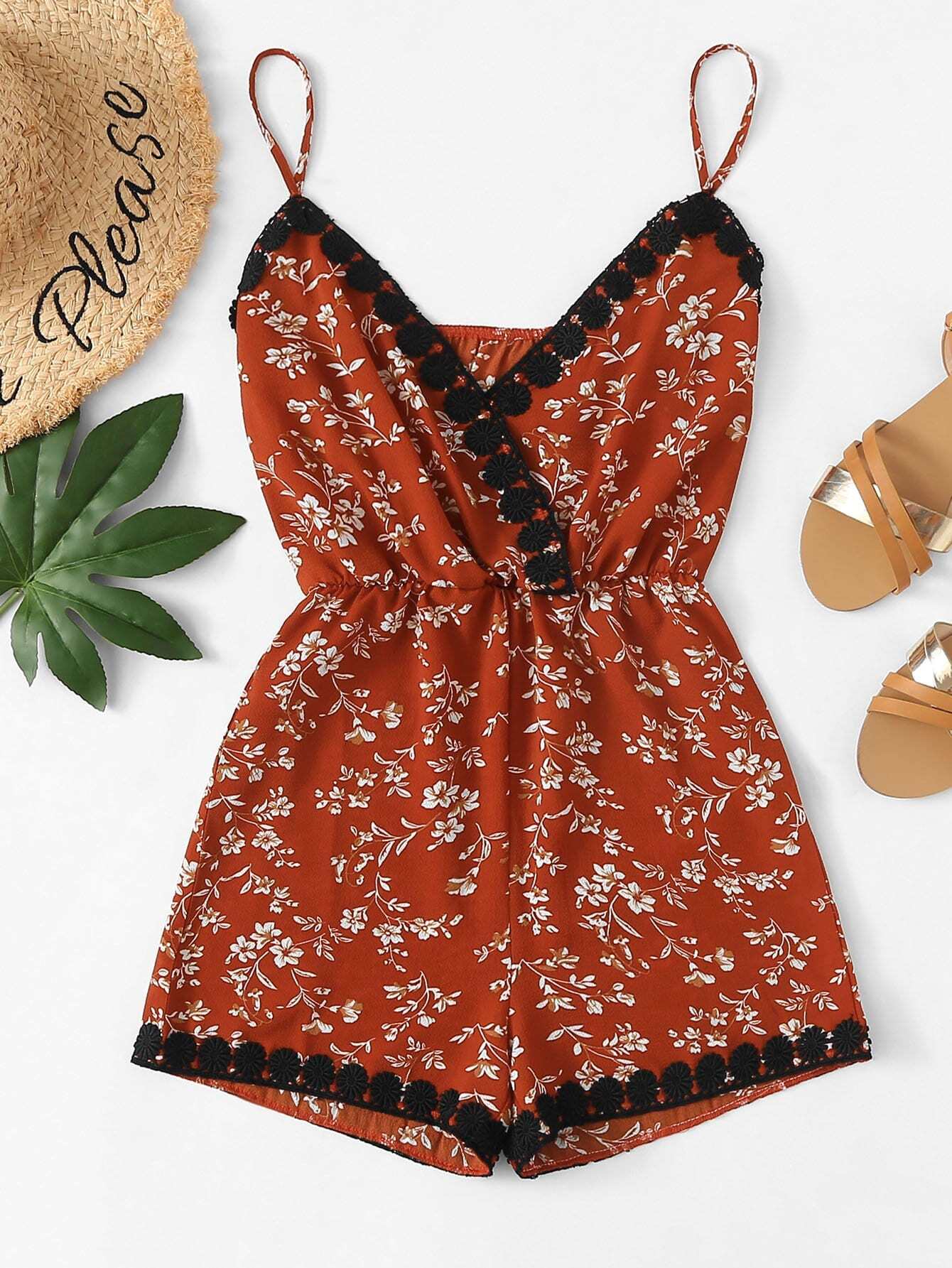 Floral Print Contrast Lace Ruched Waist Jumpsuit