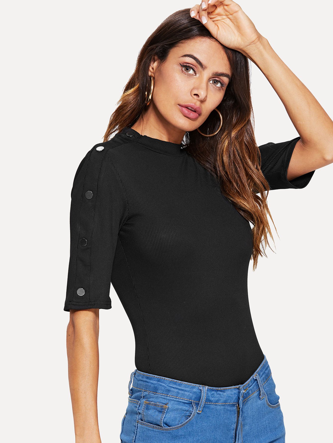 Mock Neck Buttoned Sleeve Rib Knit Tee mock neck pearl detail puff sleeve tee