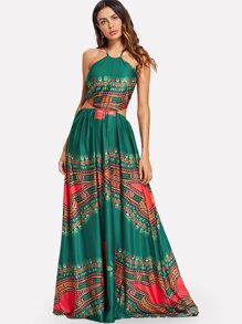 Ornate Print Cut Out Halter Dress