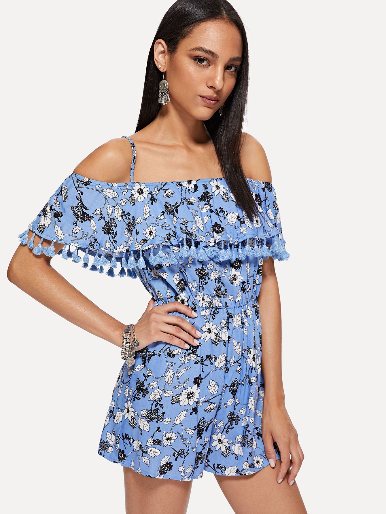 Flounce Embellished Tassel Hem Цветочный комбинезон Cami