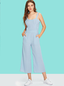 Slant Pocket Patched Stripe Jumpsuit With Thick Strap