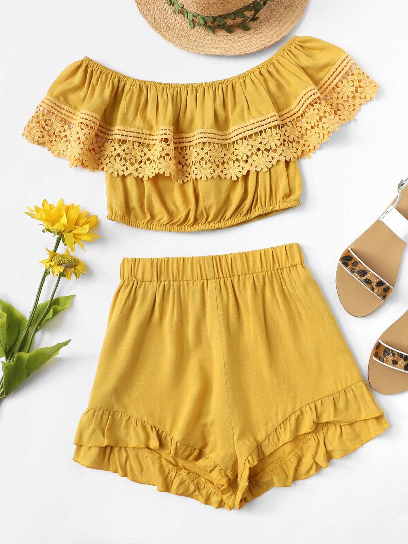 Цветочный кружевной набор Bardot Top & Ruffle Hem Shorts Set
