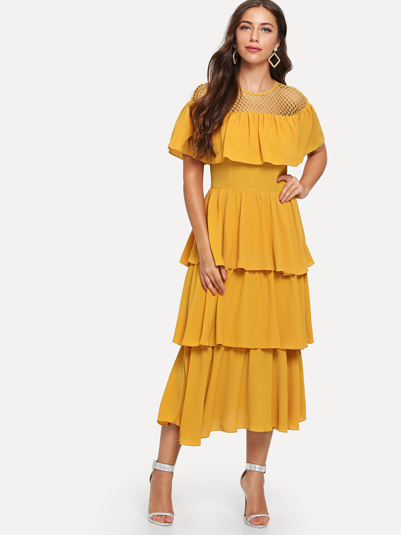 Geo Cut Out Yoke Keyhole Back Layered Dress