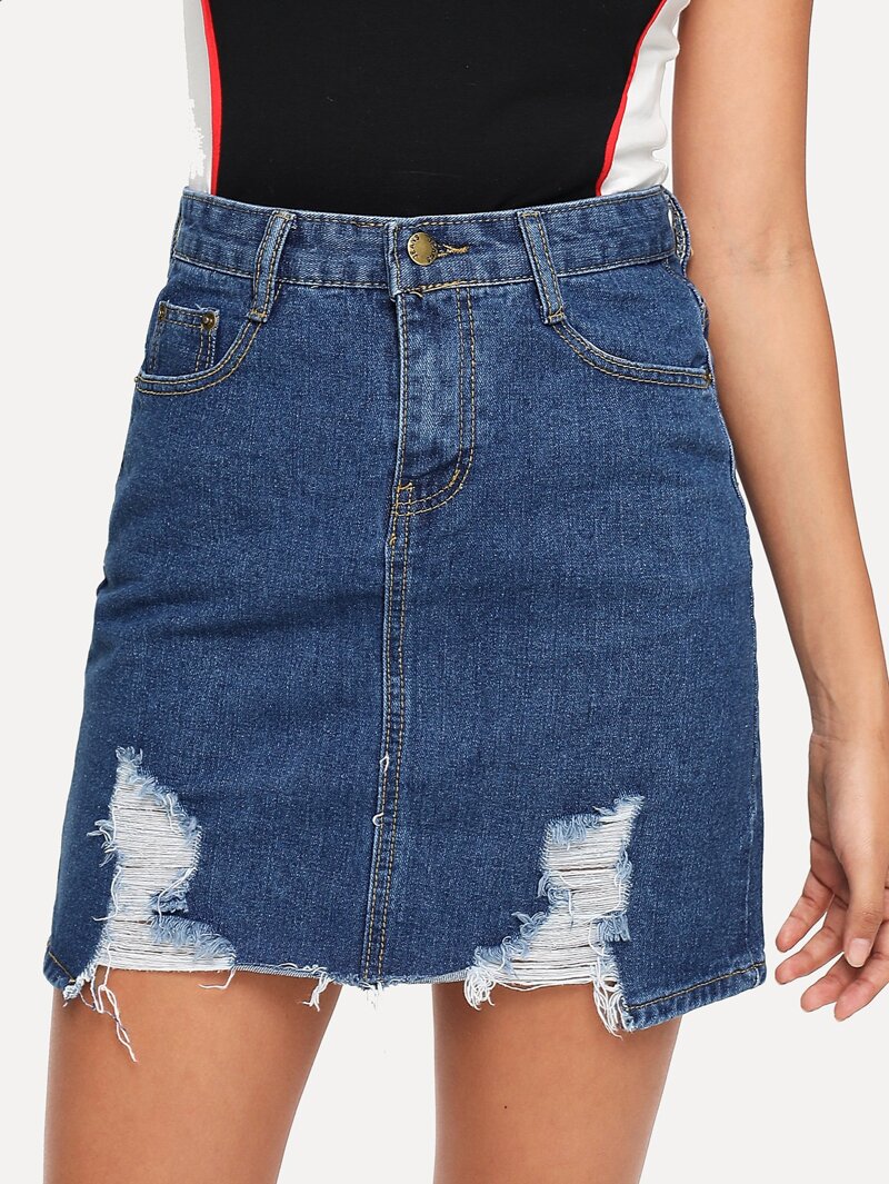 Bodycon Distressed Silhouette Summer Mini Waist Blue Navy Denim Skirt Sheath ZIXBr7Zq