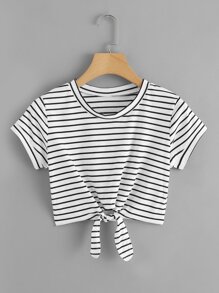 Knot Front Striped Crop Tee