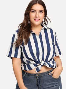 Plus Knot Hem Striped Blouse