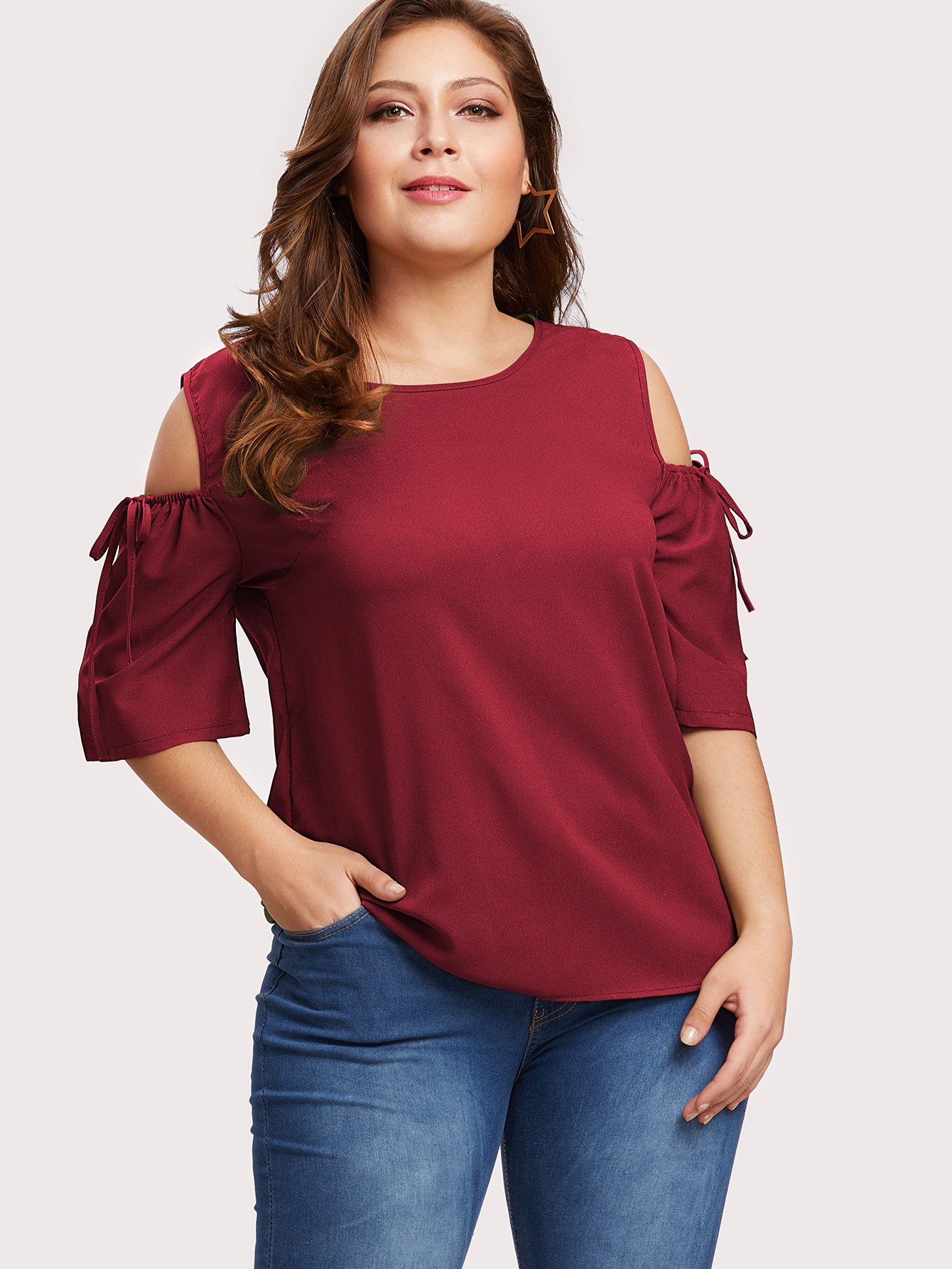 Plus Cold Shoulder Drawstring Sleeve Keyhole Back Top