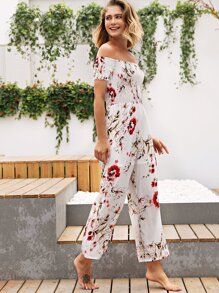 Off Shoulder Floral Print Romper