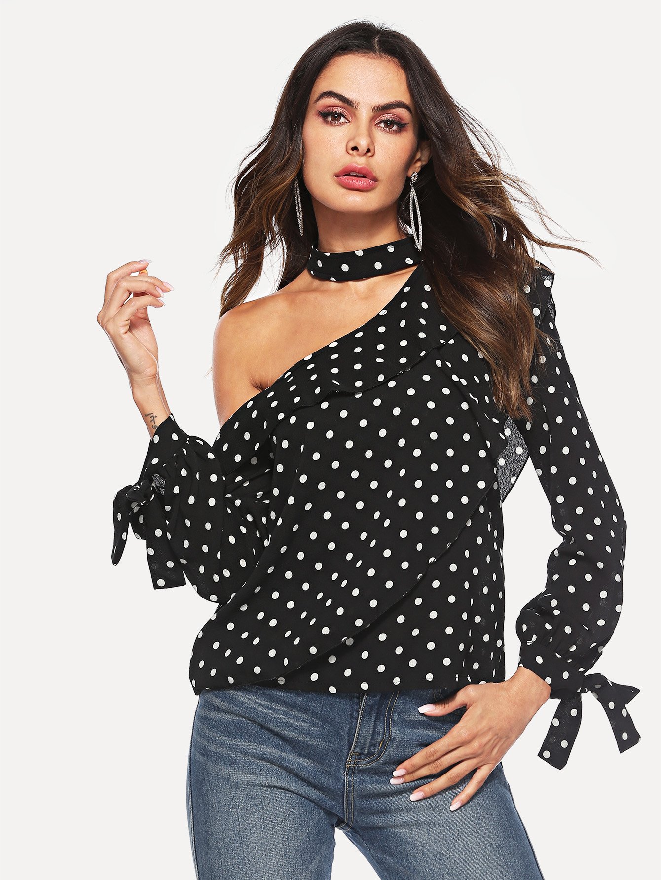 Polka Dot Print One Shoulder Halter Knot Blouse