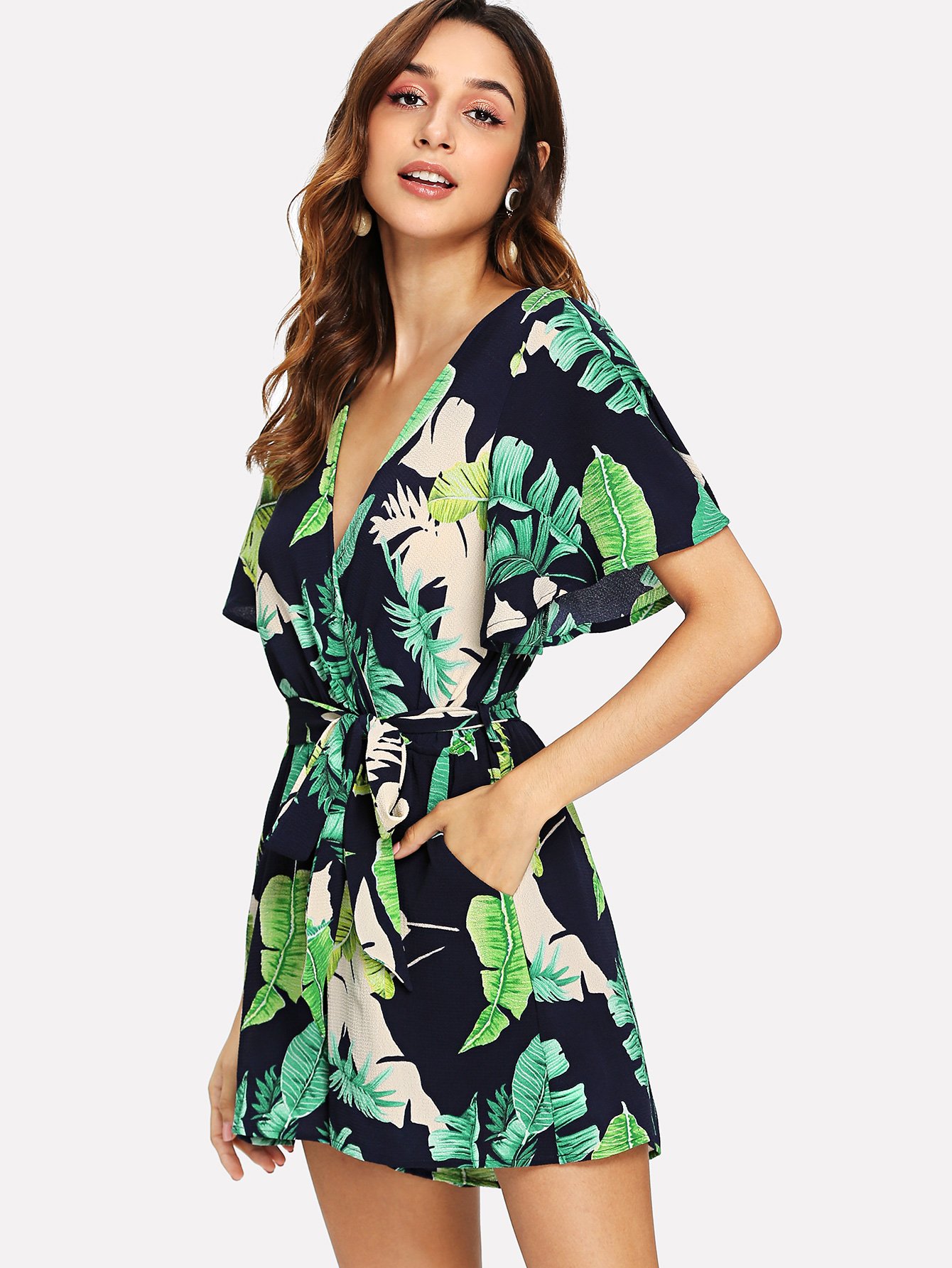 Jungle Leaf Flutter Sleeve Belted Surplice Wrap Jumpsuit