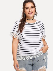Floral Lace Applique Striped Tee