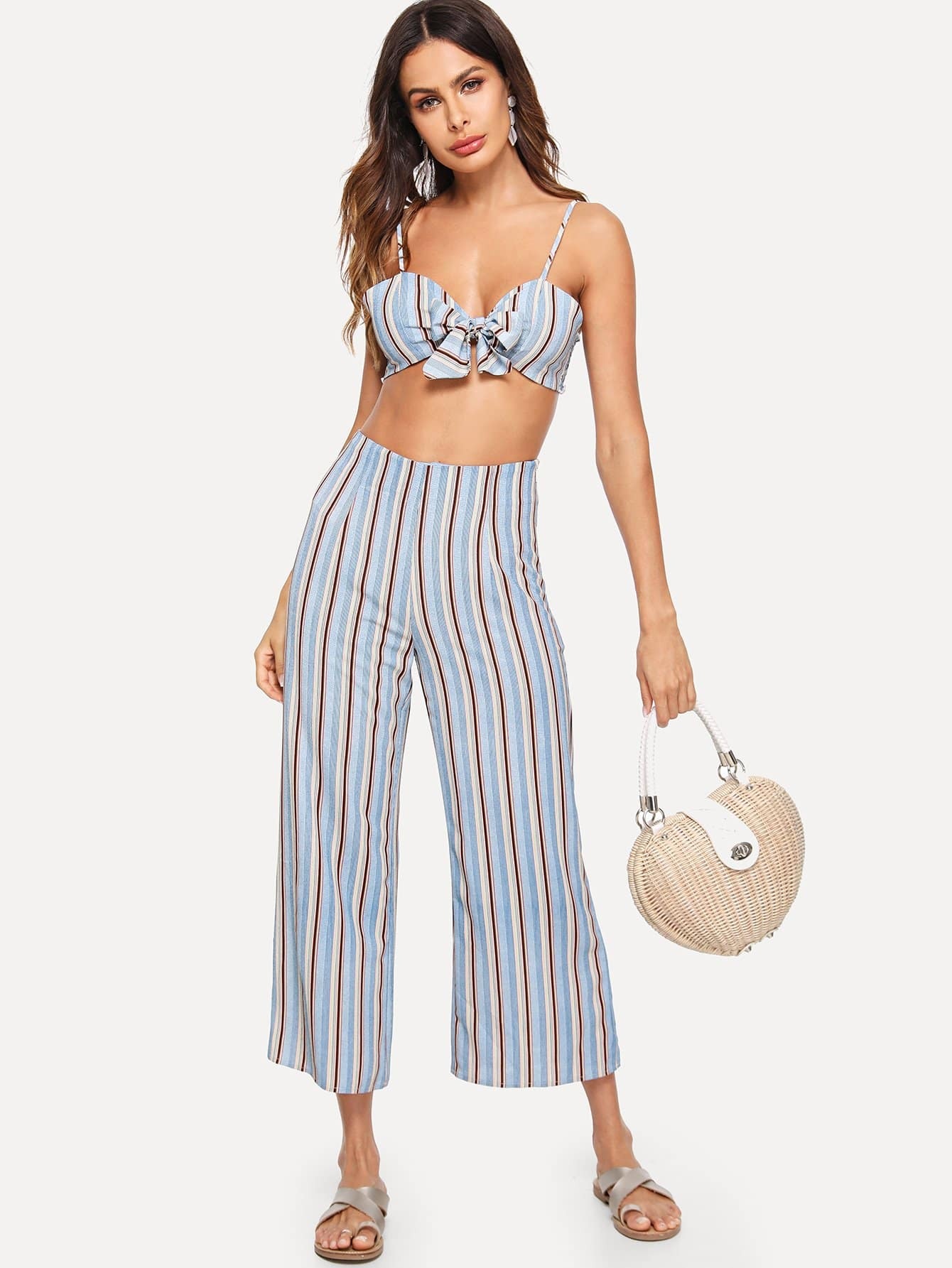 Shirred Panel Striped Crop Cami Top и Palazzo Pants Set