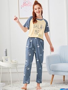 Cartoon & Letter Print Pajama Set
