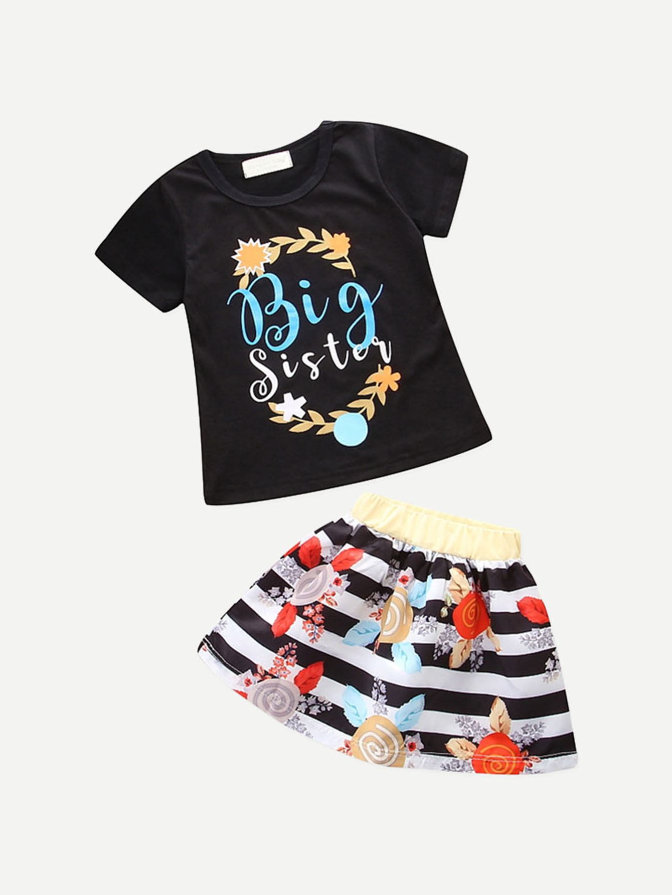 Girls Letter Print Tee With Striped Floral Skirt