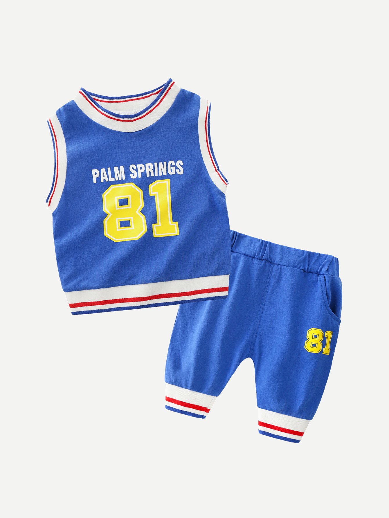 Boys Letter Print Striped Detail Vest With Shorts