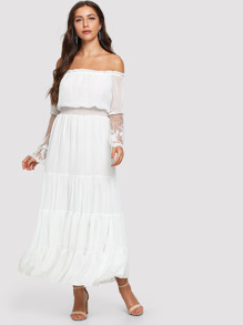 Off-Shoulder Lace Contrast Ruffle Dress