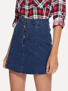 Button Solid Denim Skirt