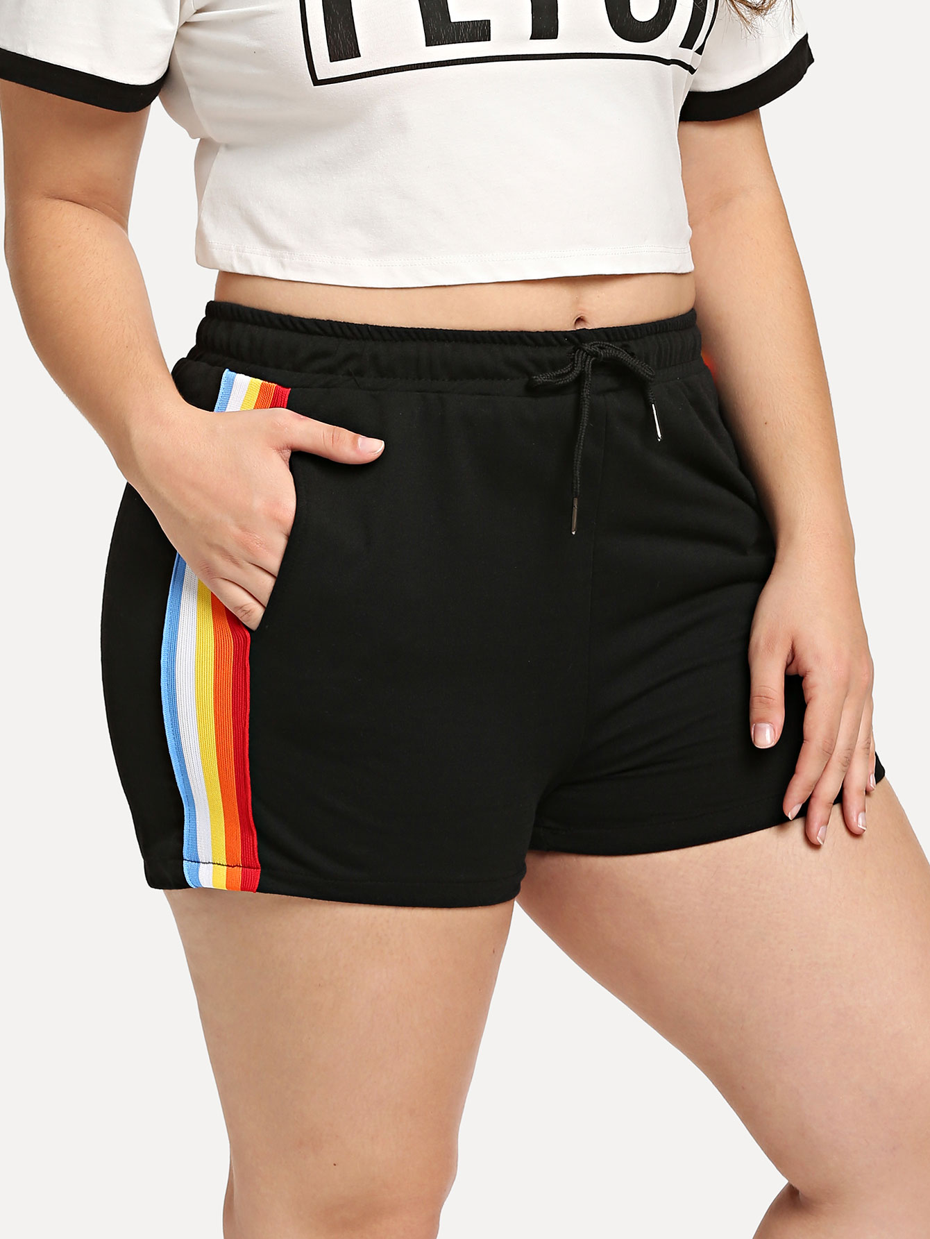Plus Rainbow Stripe Tape Side Drawstring Shorts