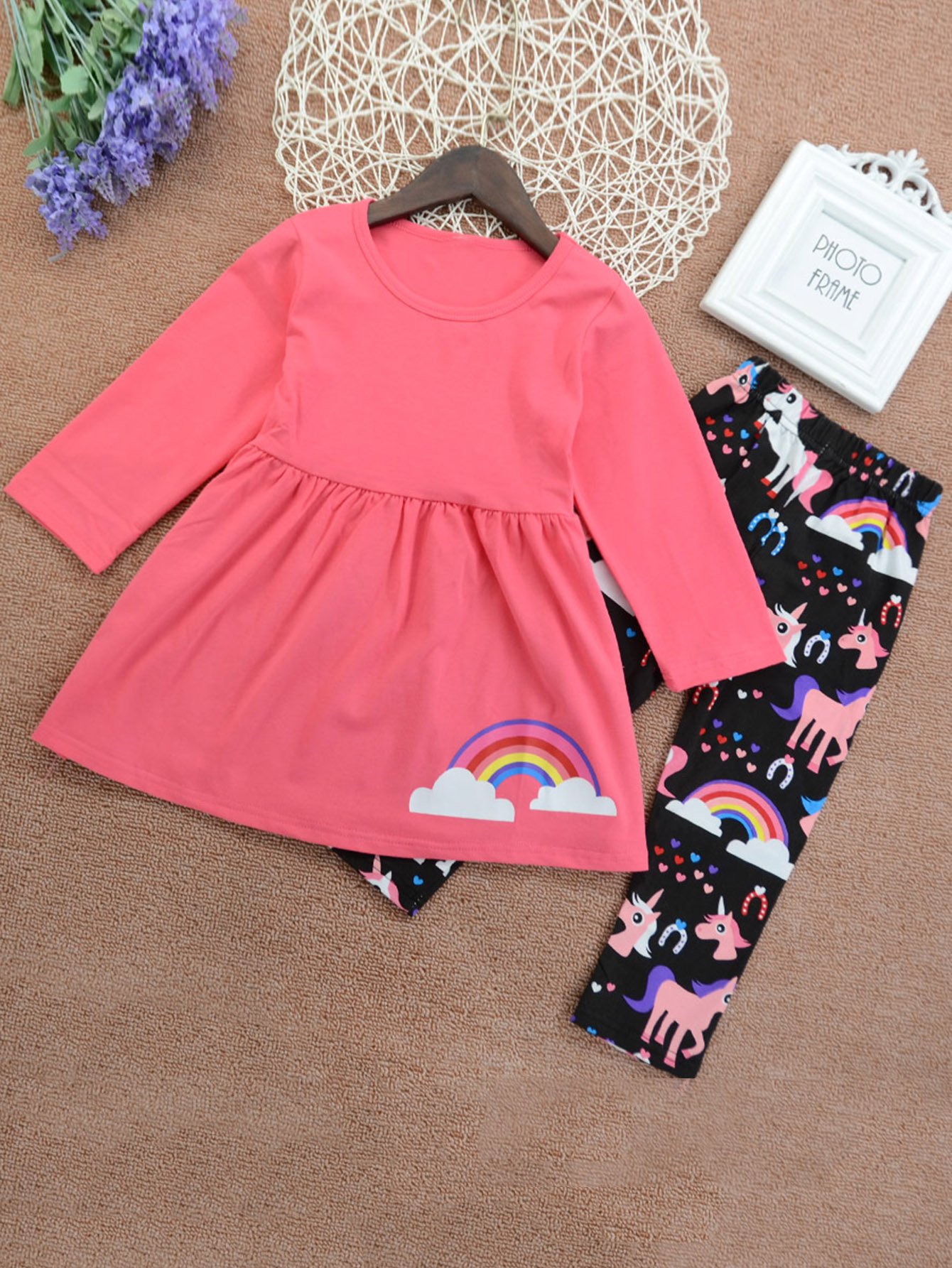 Girls Rainbow Print Tee With Cartoon Pants