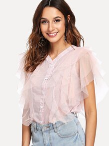 Sheer Mesh Panel Sleeve Striped Shirt