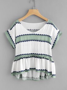 Contrast Print Pep Hem Blouse