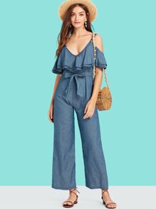 Ruffle Trim Solid Cami Romper