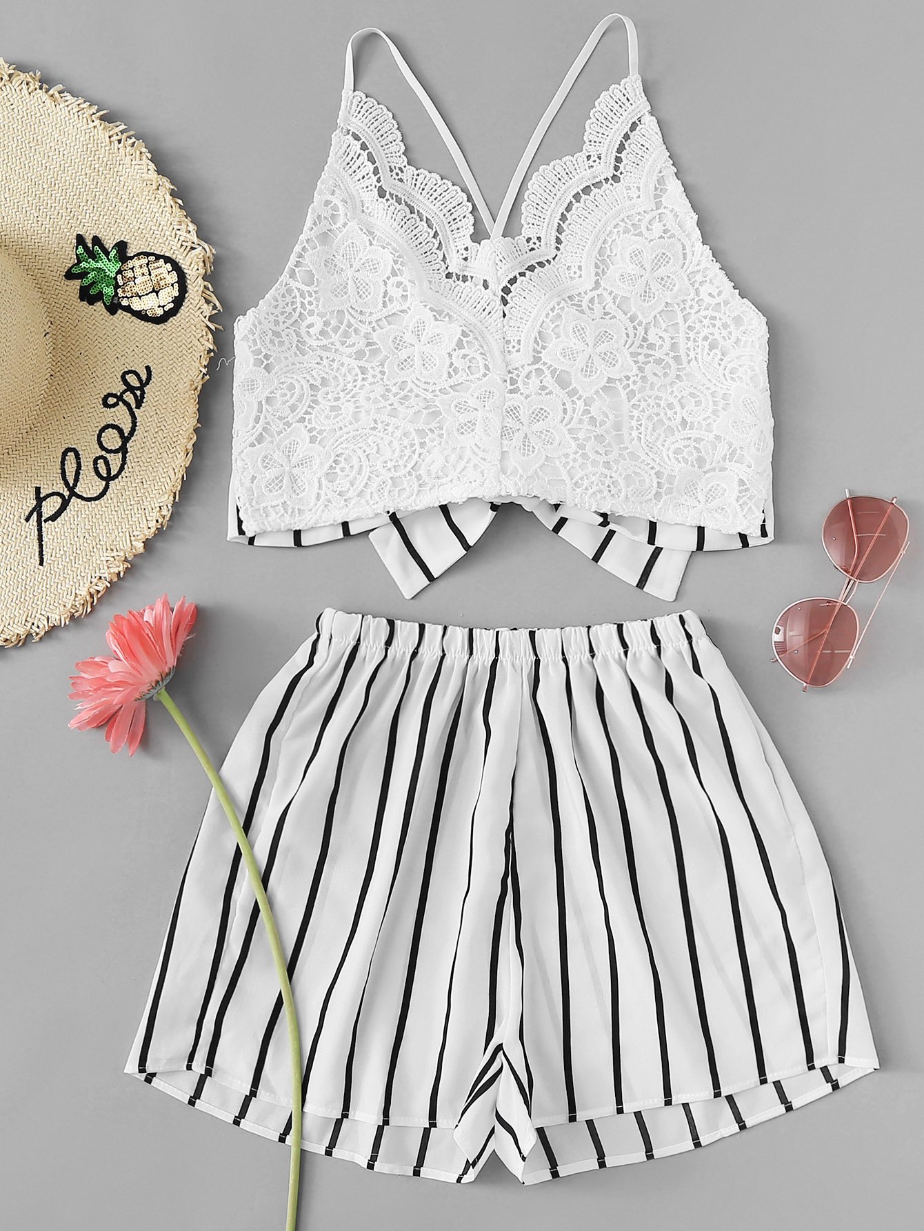 Plus Lace Panel Criss Cross Back Cami With Shorts