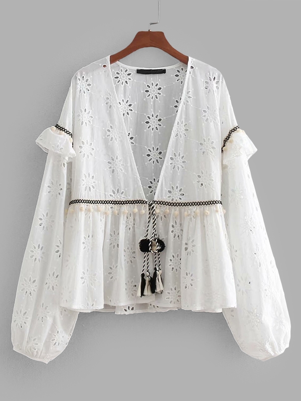 Eyelet Embroidered Pom Pom Trim Tassel Tie Blouse pom pom tassel ethnic pendant earrings