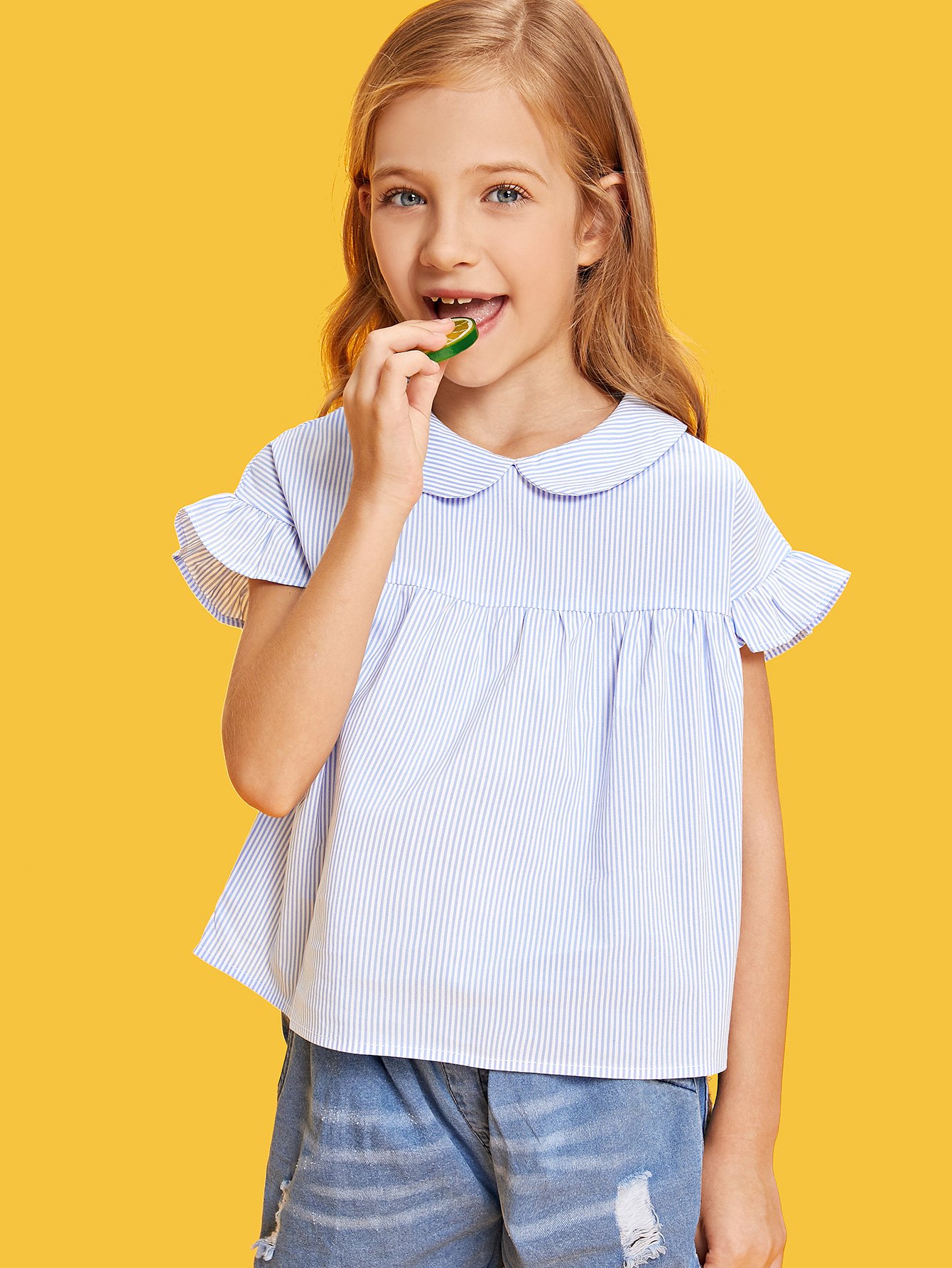 Питер Пэн Воротник Ruffle Sleeve Pinstripe Вверх