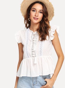 Layered Ruffle Trim Eyelet Embroidered Top