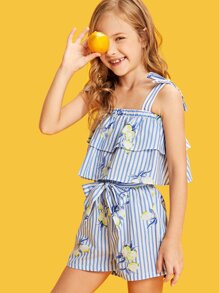 Girls Self Tie Layered Ruffle Top & Belted Shorts Set