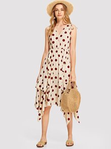 Drawstring Shoulder Ruffle Trim Asymmetric Polka Dot Dress