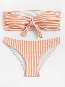 Knot Front Striped Bandeau Bikini Set