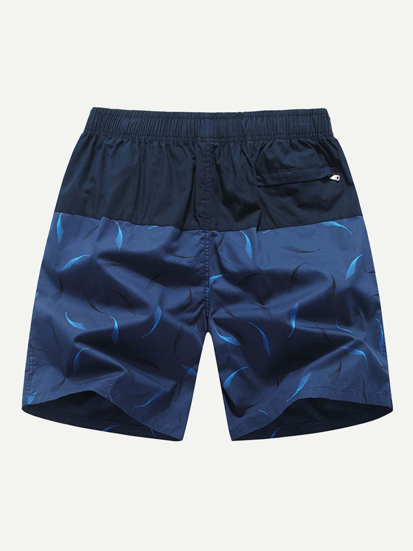 Men Feather Print Color Block Drawstring Waist Shorts stylish drawstring color block pattern print shorts for boy