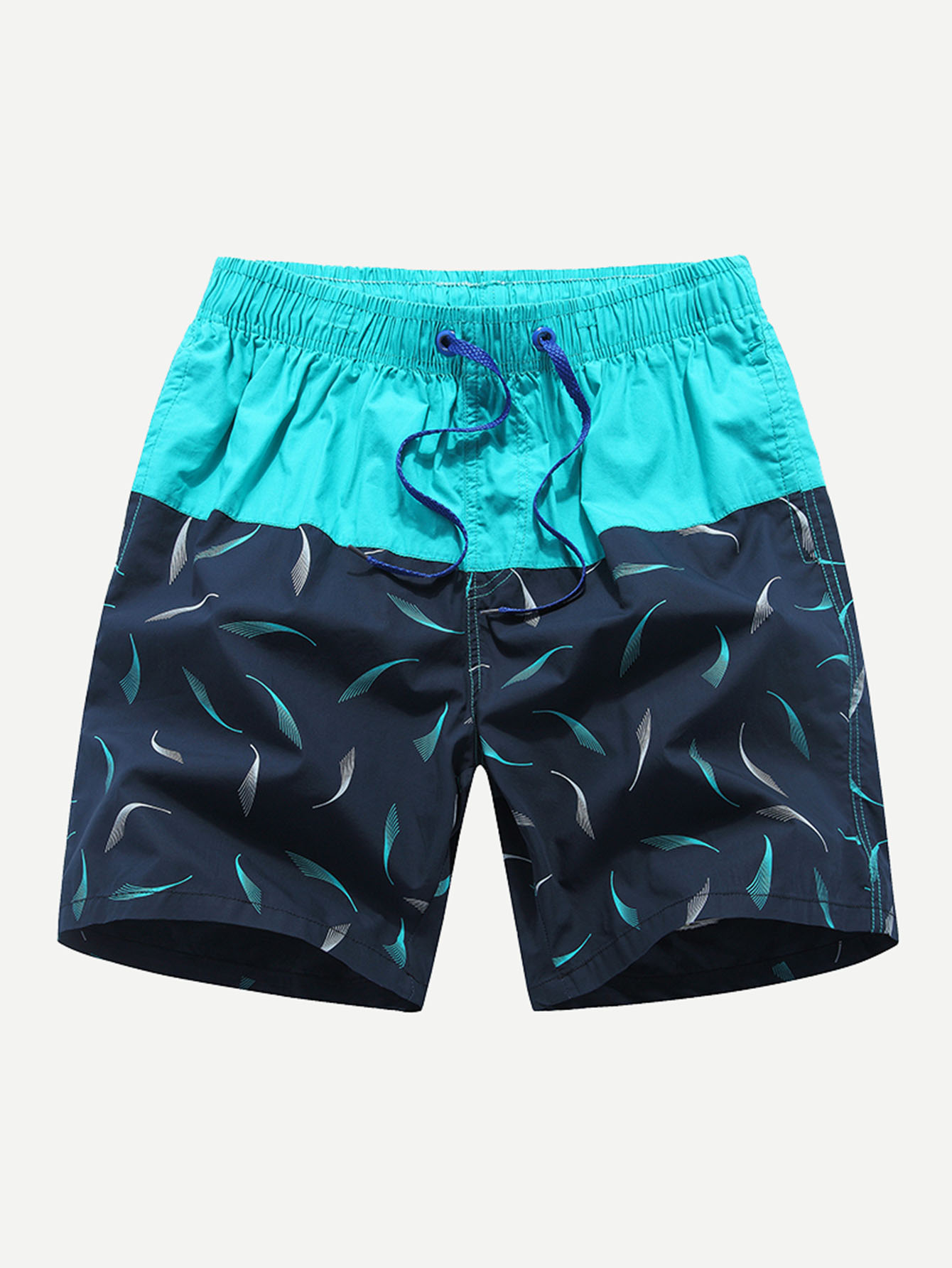 Men Feather Print Color Block Drawstring Waist Shorts stylish drawstring color block pattern print shorts for boy