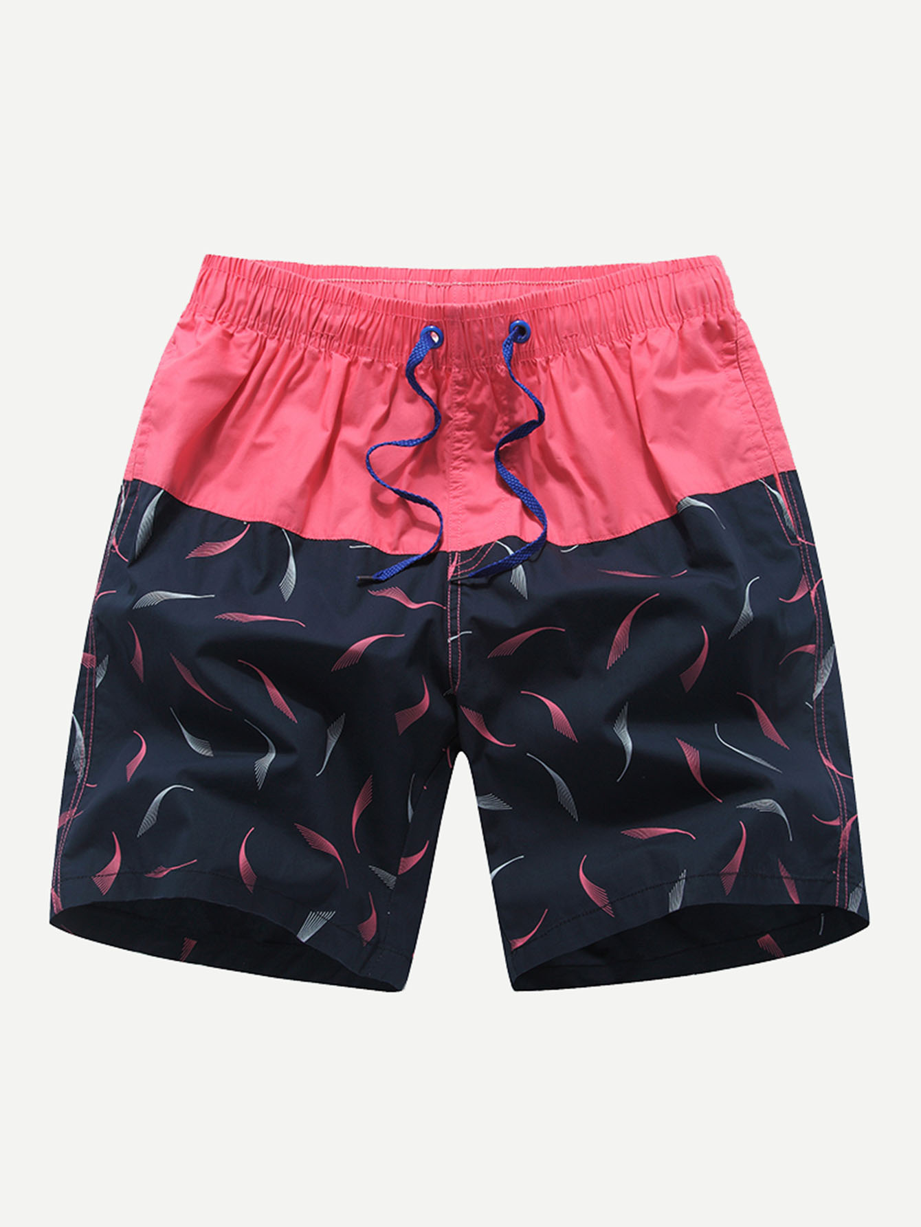 Men Feather Print Color Block Drawstring Waist Shorts stylish drawstring color block pattern print shorts for boy