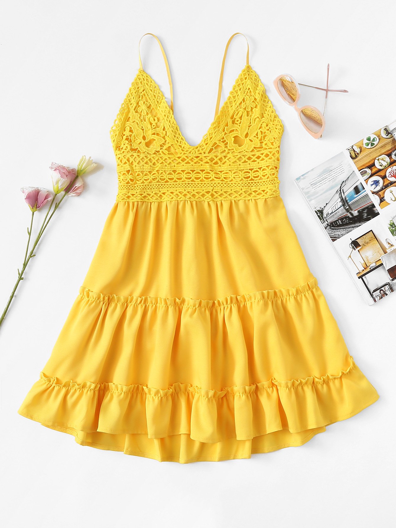Contrast Lace Knot Back Ruffle Hem Cami Dress