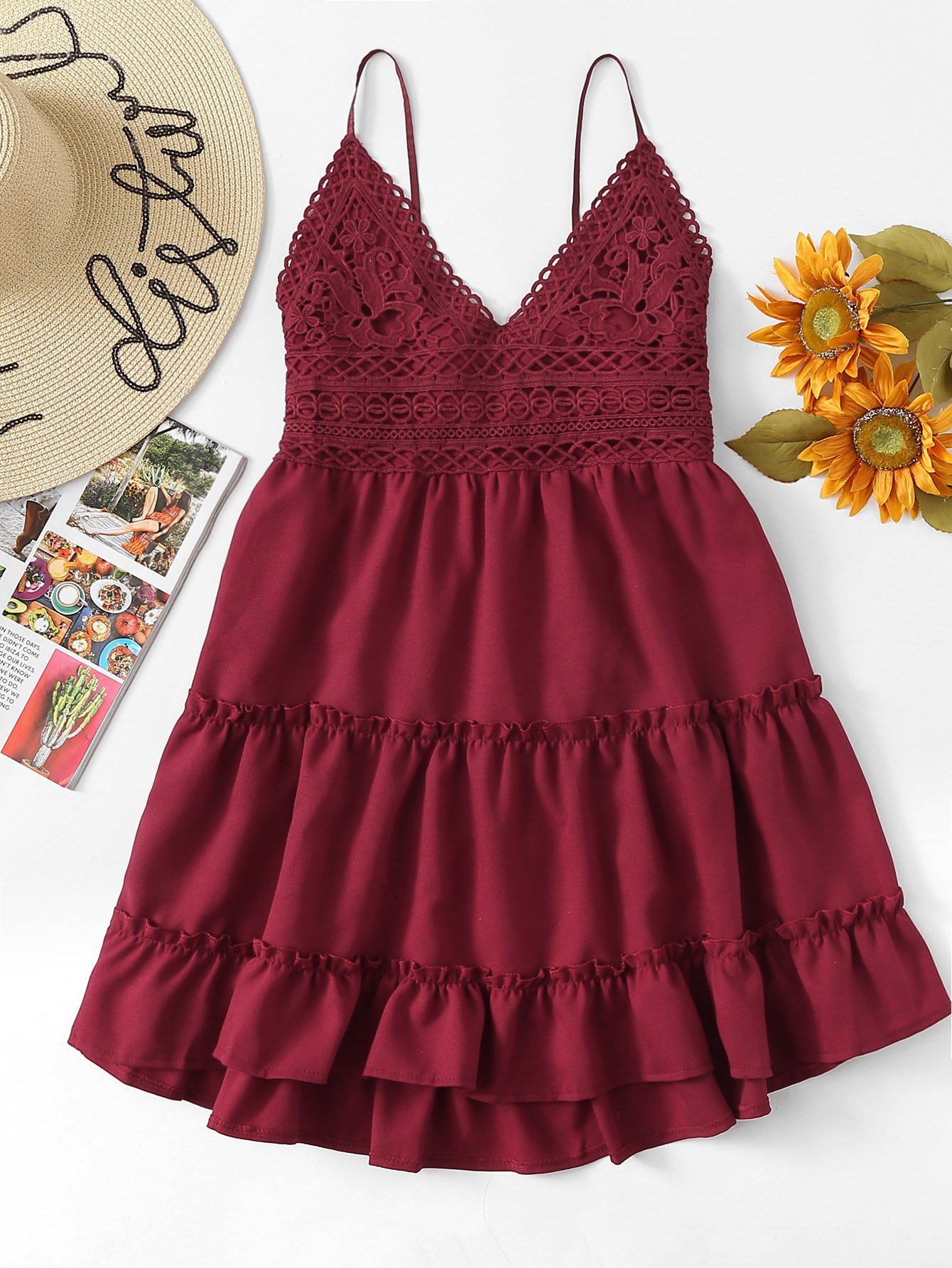 Contrast Lace Knot Back Ruffle Hem Cami Dress