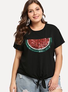 Contrast Sequin Watermelon Knotted Tee