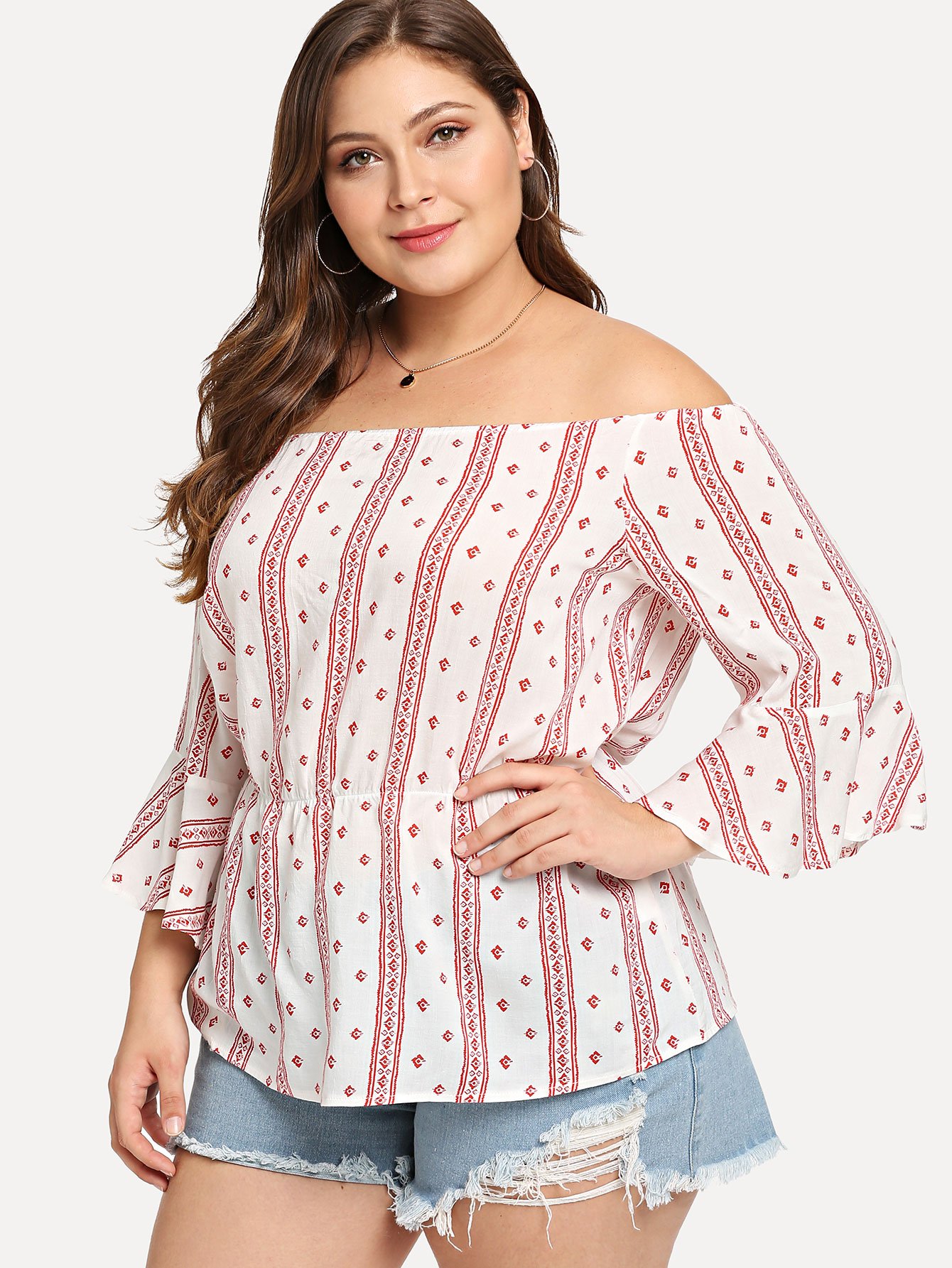 Графическая печать Flounce Sleeve Off The Shoulder Blouse