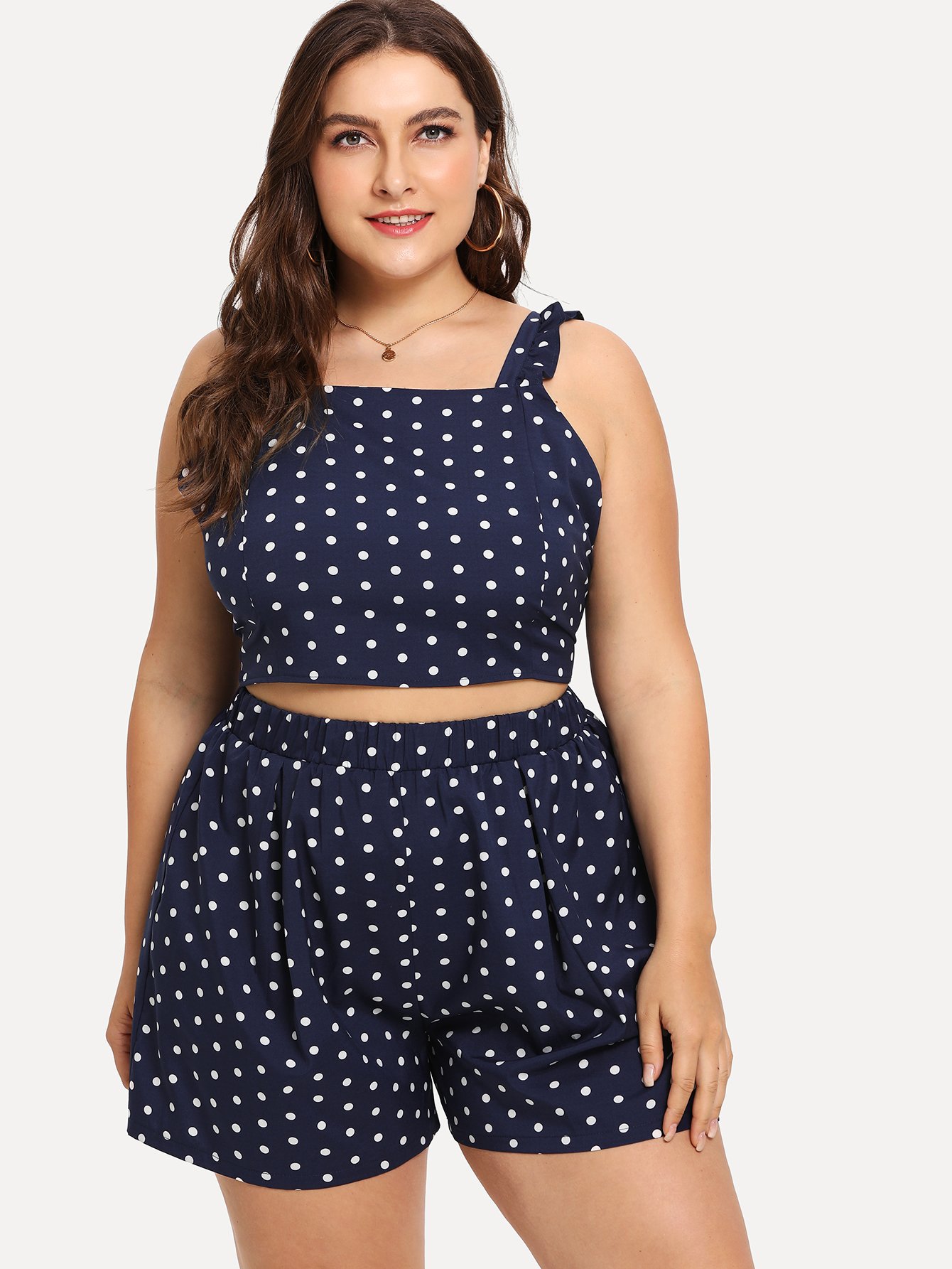 Plus Polka Dot Knot Back Frill Two-piece Outfit
