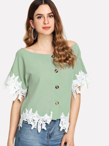 Contrast Lace Button Front Blouse