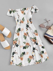 Pleated Back Floral Print Dress