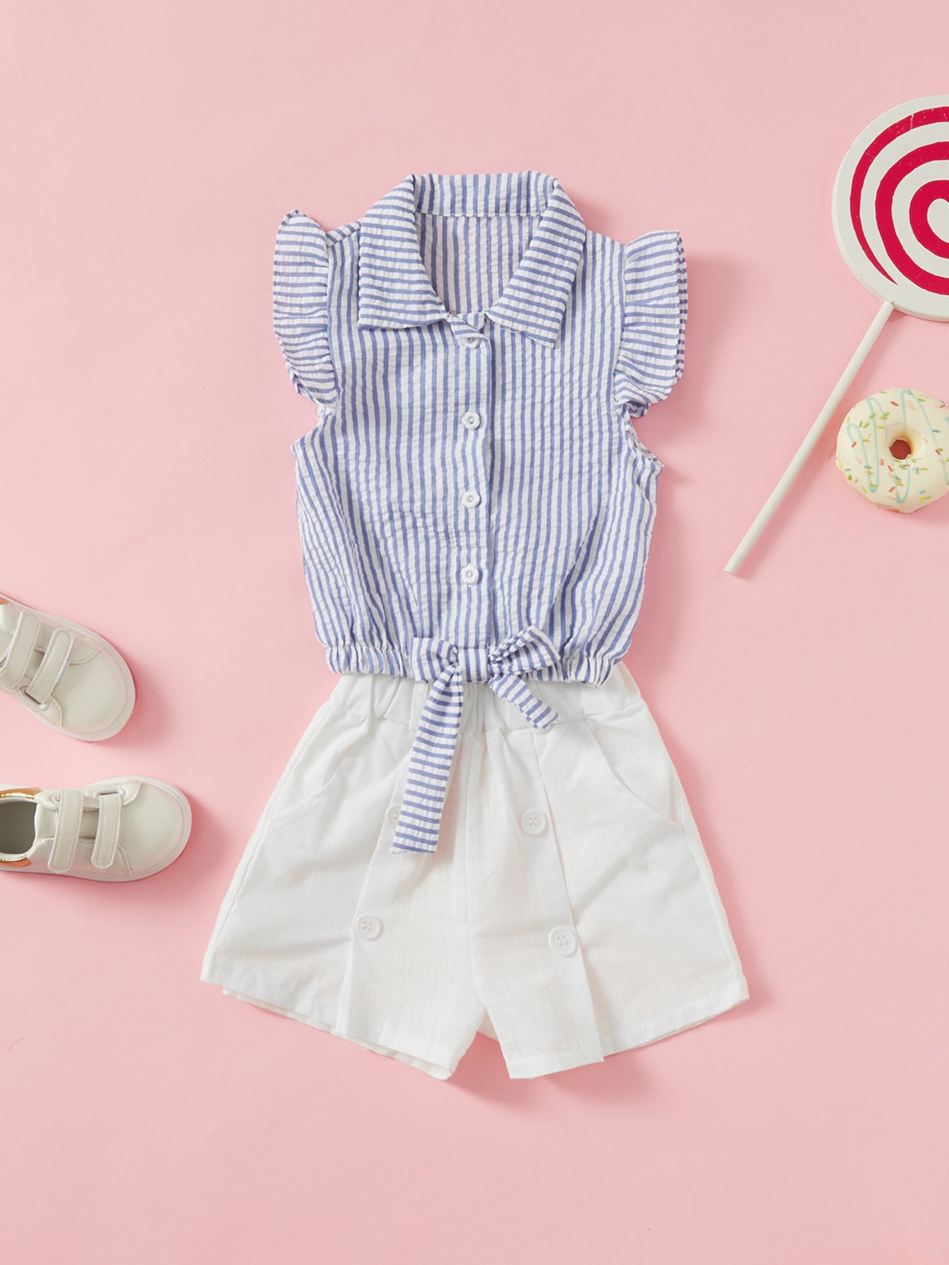 Girls Knot Striped Blouse With Button Decoration Plain Shorts