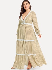 Lace Applique Bishop Sleeve Button Up Gingham Dress