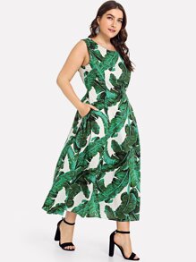 Mock Neck Palm Leaf Print Dress